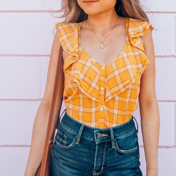 Old Navy Tops - Old Navy Plaid Mustard Yellow Button Down top